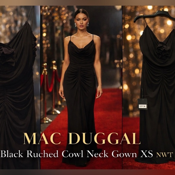 Mac Duggal Dresses & Skirts - Mac Duggal Black Cowl Neck Ruched Evening Gown XS NWT Elegant Formal Dress